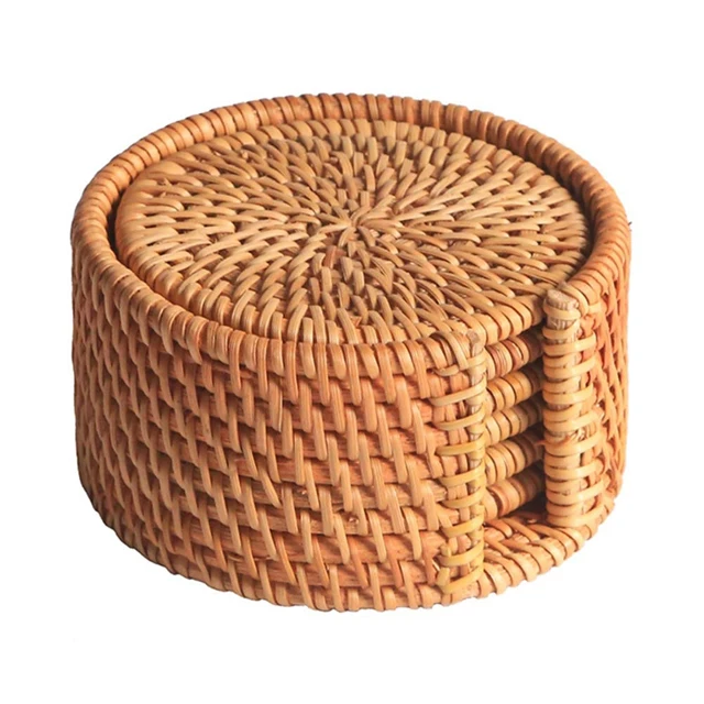 Wholesale Manufacturer Small Set of 4 Round Rattan Wicker Coaster Used for Holding Coffee Mug Drinkware and Table Top.