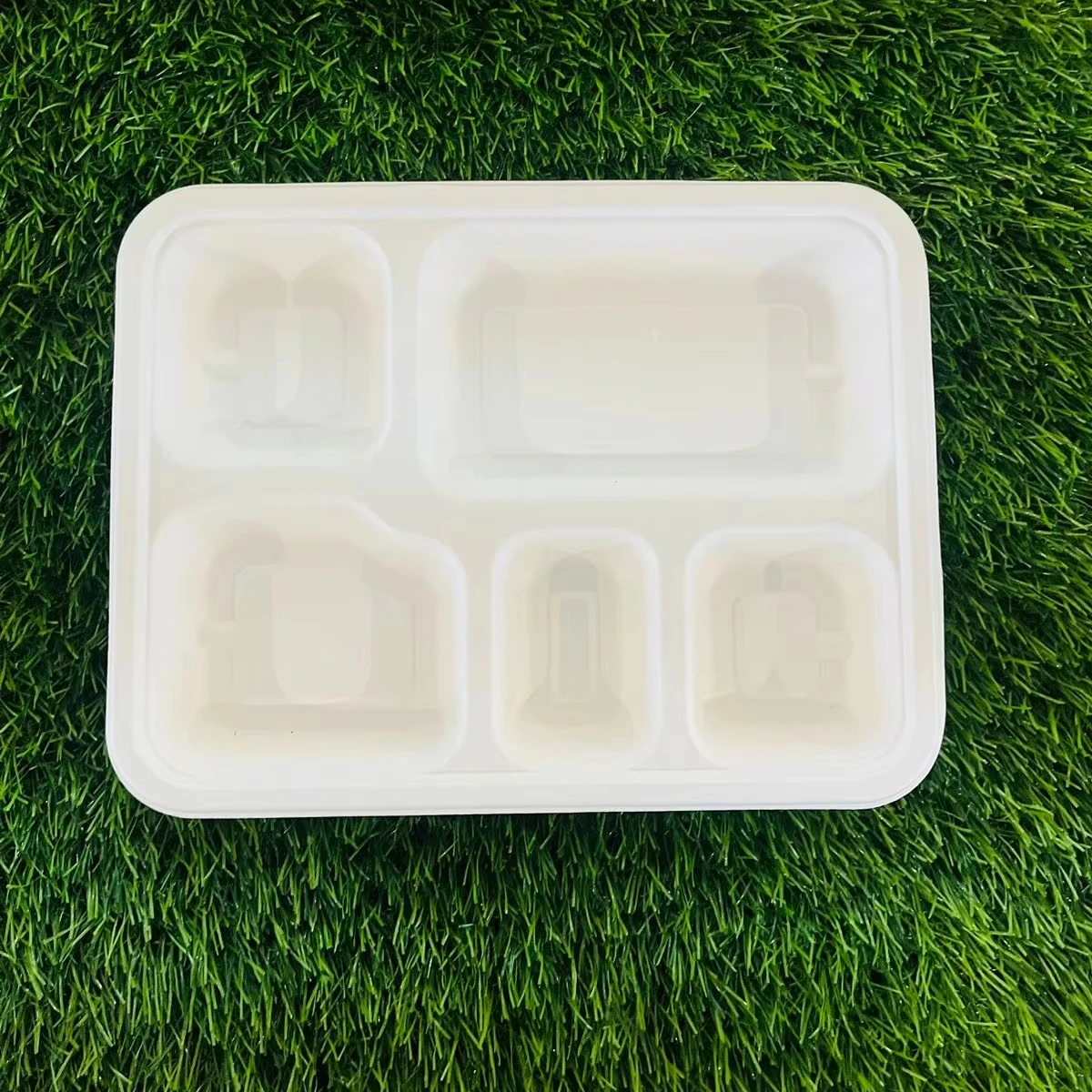 Heavy Duty Sugarcane Bagasse Compostable Food 5 Compartment With Lid Meal Tray Biodegradable Dinner Plates