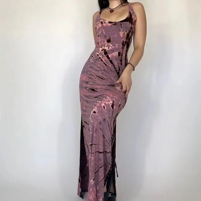 New Trending Designs For women Dresses Bohemian Hippie Tie Dye Maxi Dress Nebula Full Length Rave Pink Color Festival Bodycon