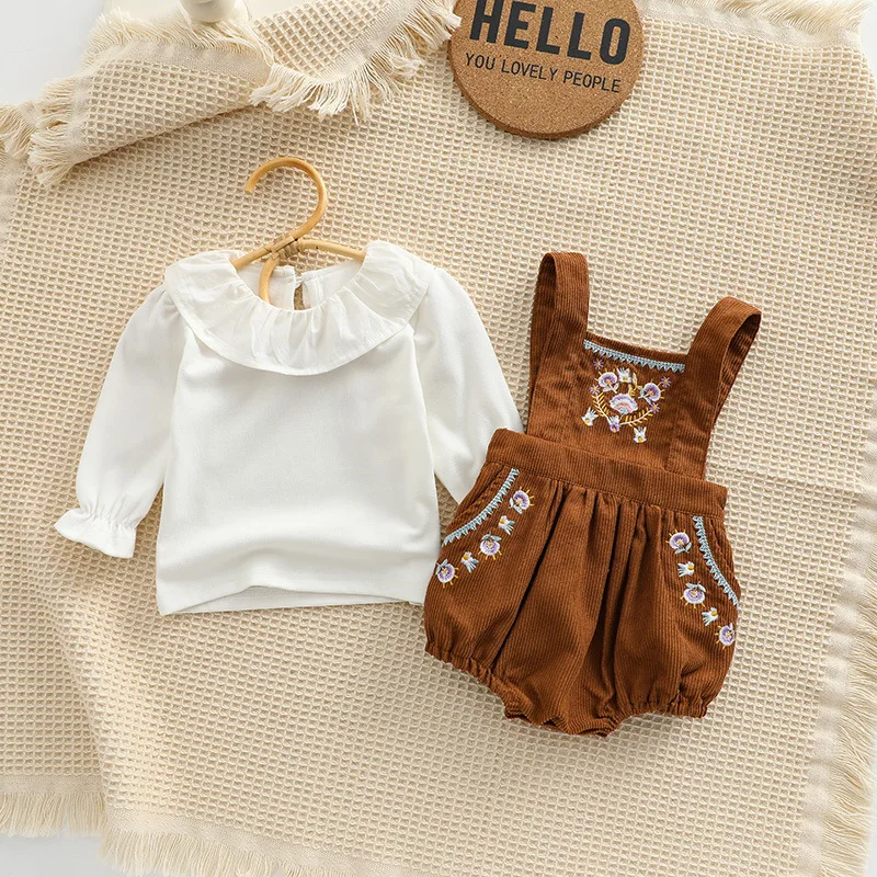 2023 new arrival 100% organic cotton kids corduroy romper overall embroidery flower sleeveless jumpsuit for baby