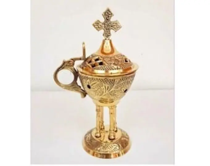 Brass Incense Burner Christian Bronze table Oil Lamp with ivory  before an icon as a reminder The vigil lamp candle burning lamp