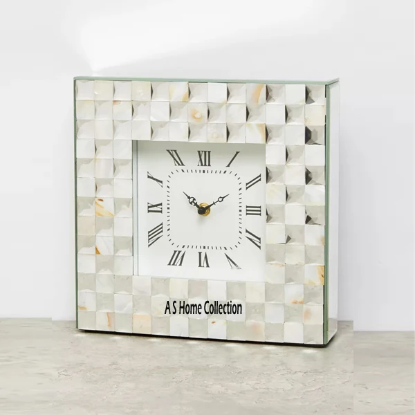 Square Shape Cheap Price High Quality Fancy Vintage Style Table Clock Metal Mother Of Pearls White Colour Home Decorations