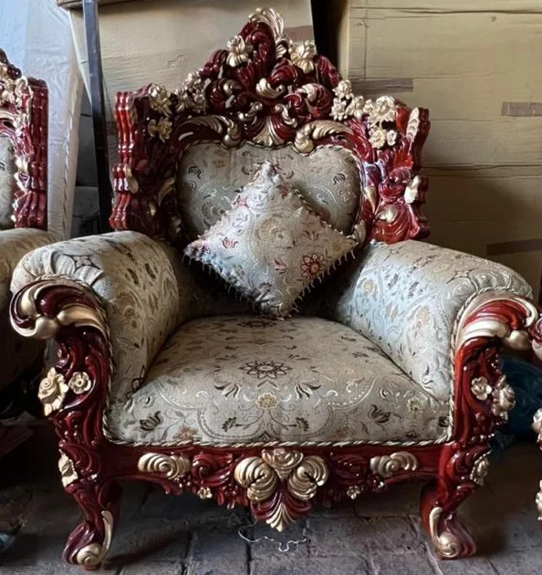 Three seats French light luxury sofa Solid wood carved fabric combination sofa Luxury villa European luxury couch