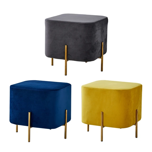 Luxury Bar Stool Modern Comfortable Velvet fabric Golden Steel Leg Square Sitting Ottoman Foot Stool Pouf for Home Hotel Shop