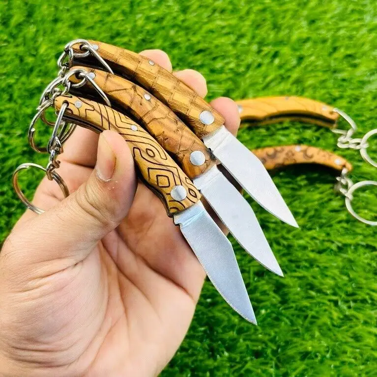 Custom Hand Made Stainless Steel Keychain Folding knives Wood Handle 5Pieces Set Keychain Set
