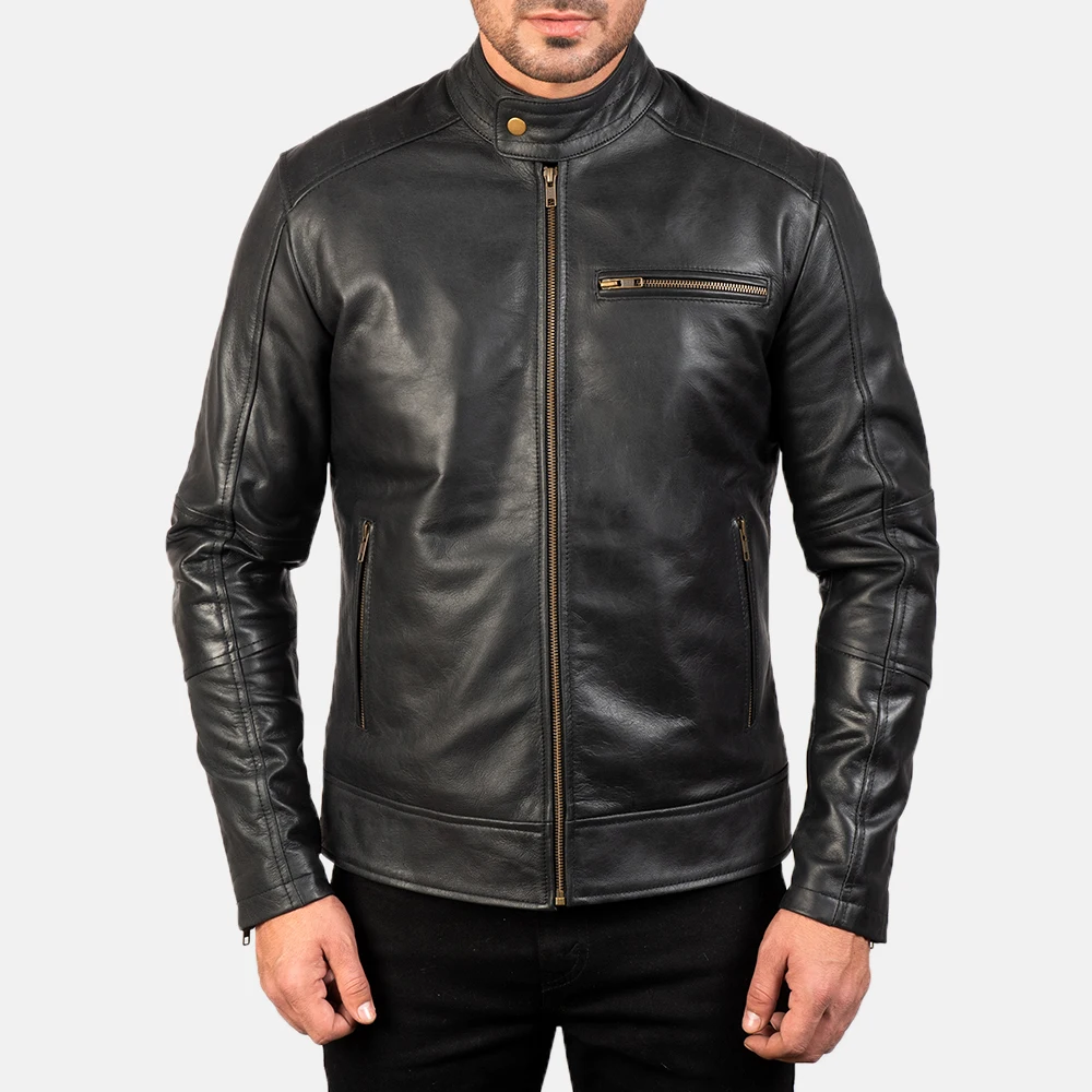 Real Leather Sheepskin Aniline Zipper Dean Black Men Biker Jacket with Quilted Viscose Lining and Inside Outside Pockets