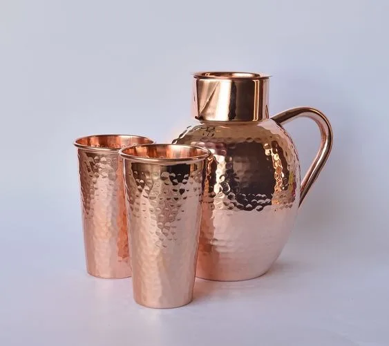 Hottest Selling Copper Pitcher with Set of Two Tumbler Customize Hammered Design Copper Jug Glass kitchen accessories
