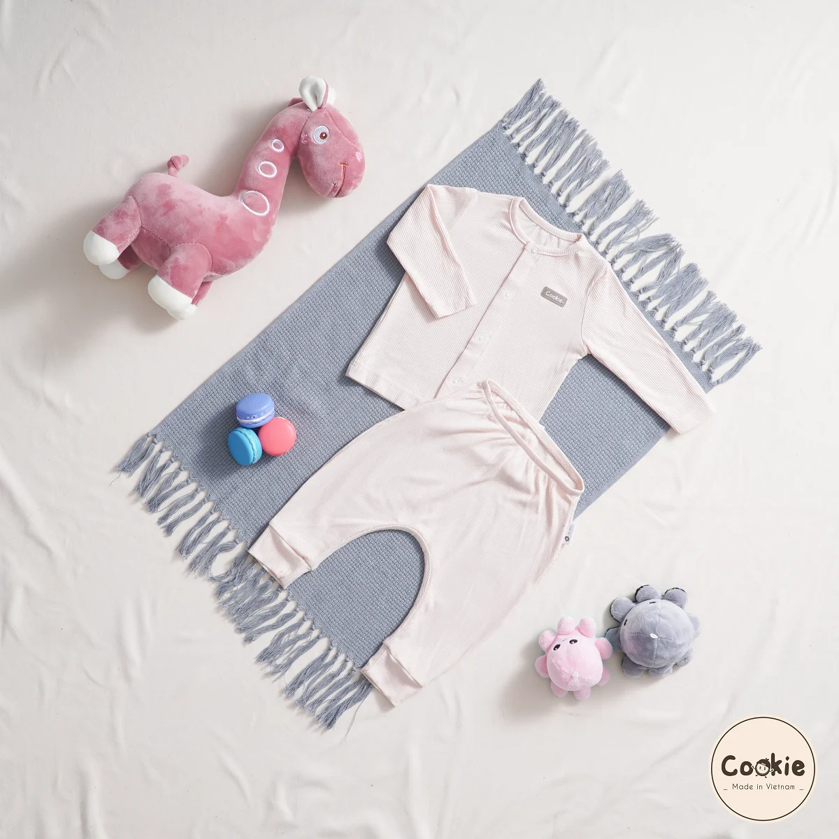 Air-cool Knitwear fabric Vietnam Unisex Newborn Set with a CF button placket long sleeve top & elastic waist pants