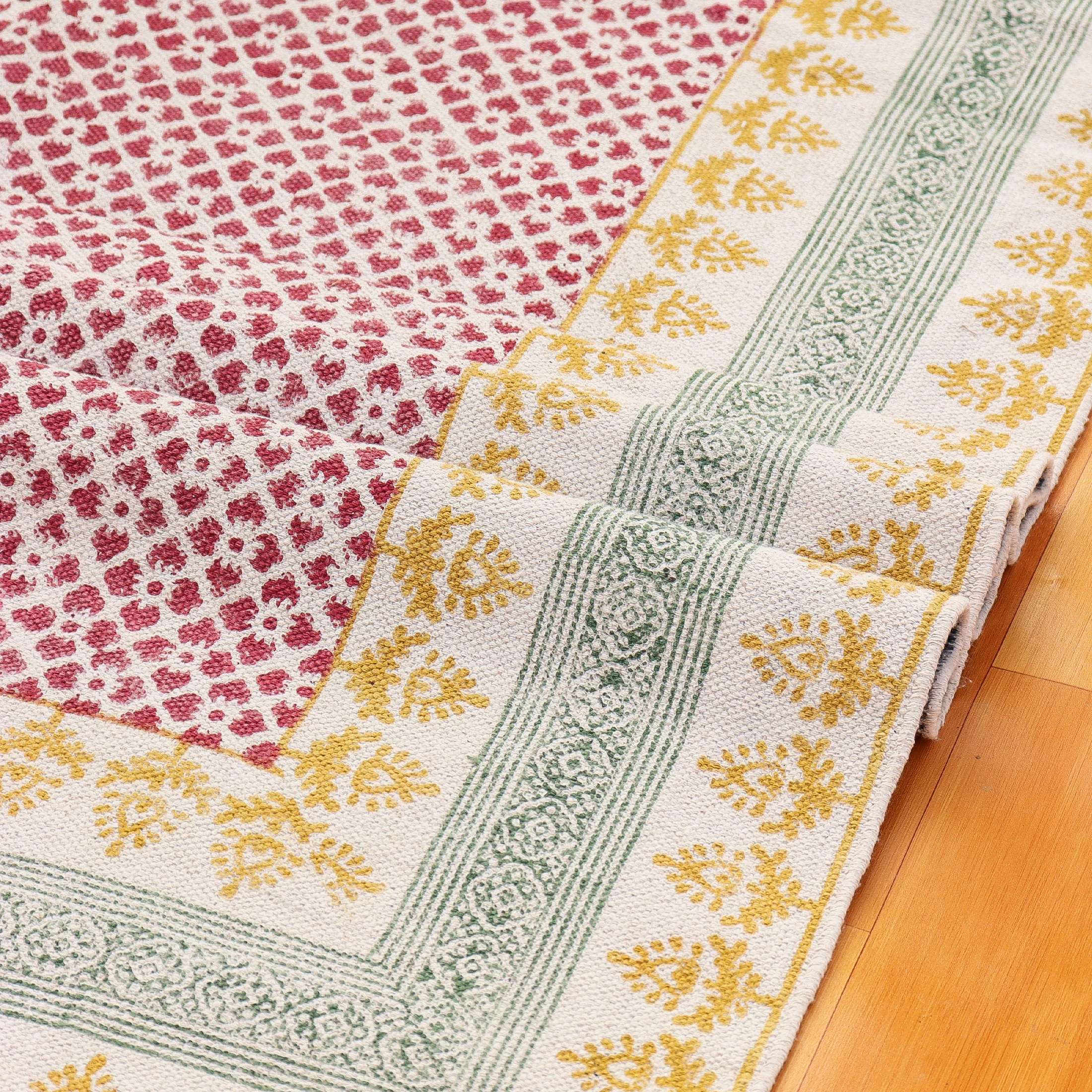 Pink Flower Rug  Hand block Print Flat 100% Cotton Carpet Prayer Mat  Outdoor Garden Yoga Carpet  Traditional Dining Room Rug