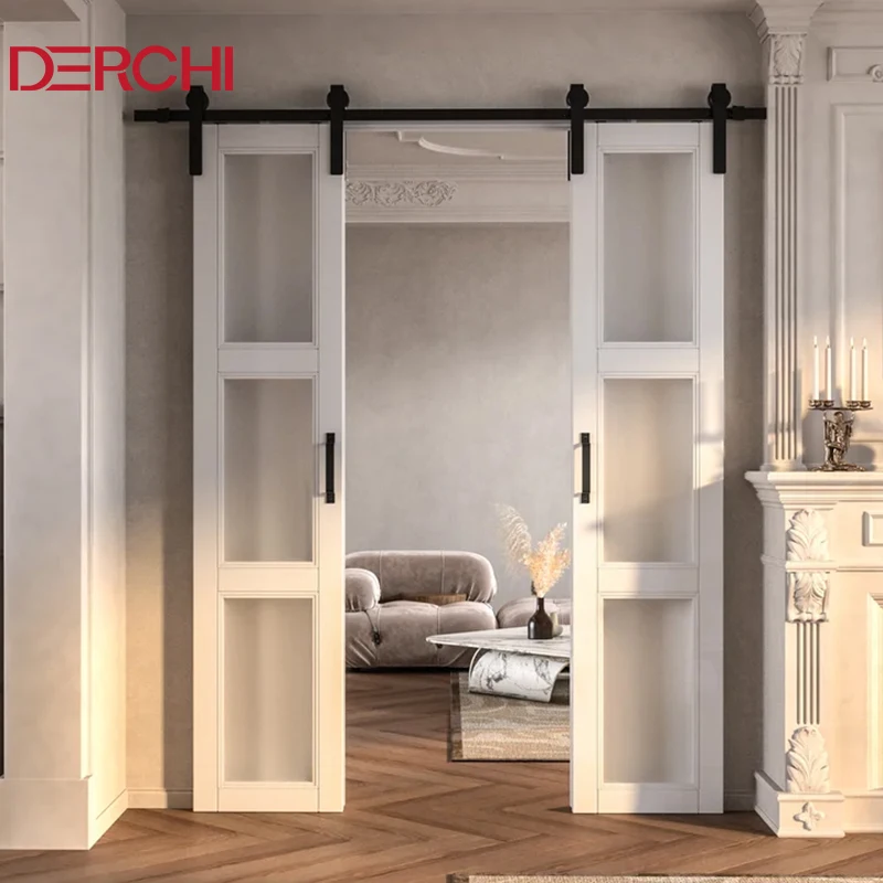 Professional sliding barn doors with small grids design french entry barn doors