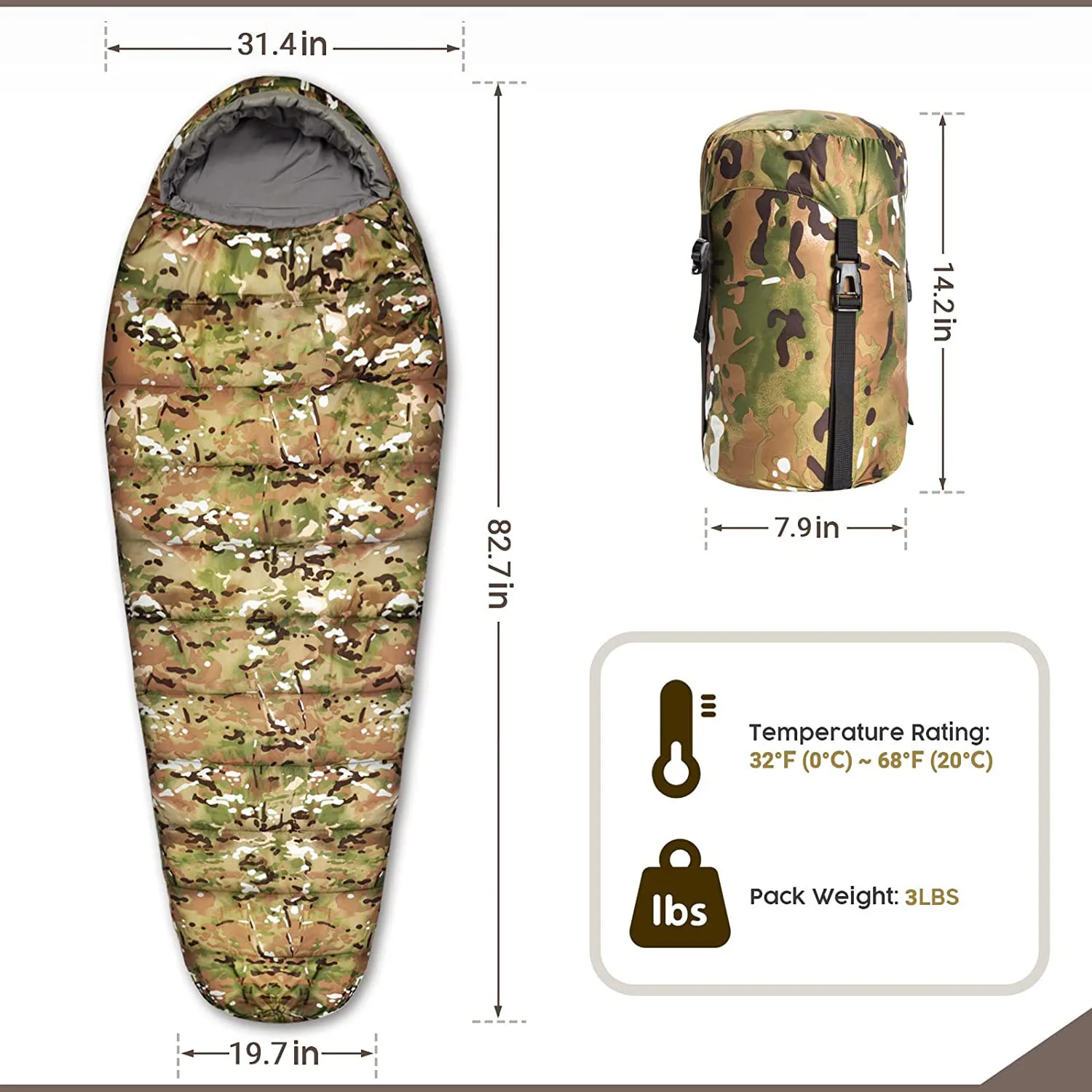 3-4 Season Waterproof Camping Mummy Hiking Cotton Sleeping Bag With Compression Sack Ultralight