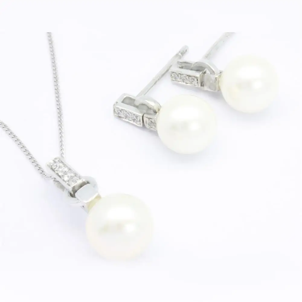 OEM ODM Luxury Dainty Latest design 18K 14K 9K White Gold Pendant Earrings Simple Gold Pearl Jewelry Set Wholesale