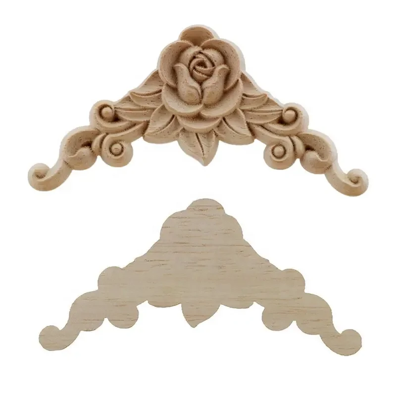 4 pcs Natural Floral Wooden Figurines Crafts Wood Carved Corner Appliques Frame Wall Door Furniture Wooden Carving  Decor Decal