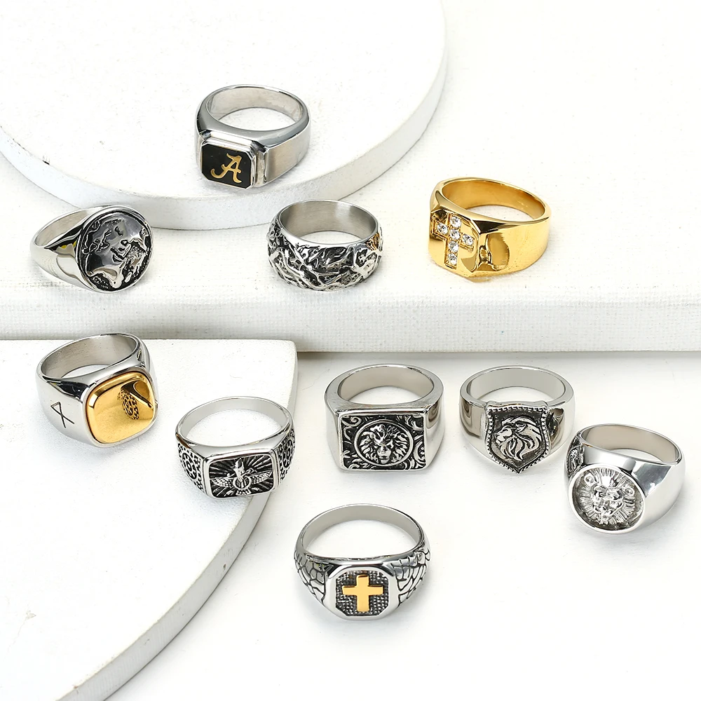 Personalized Engraved Custom Design Jewelry Bands Solid Stainless Steel Cross Viking Letter Lion Signet Ring Silver Gold for Men