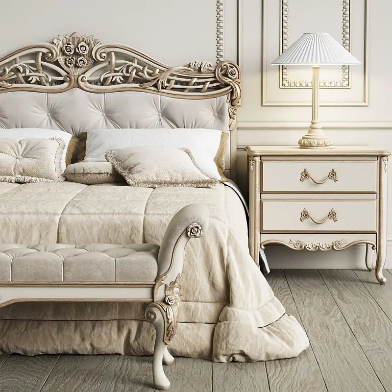 Elegant Style Bed Made Solid Wood With High Quality Bed French Style cream color For Bedroom Furniture