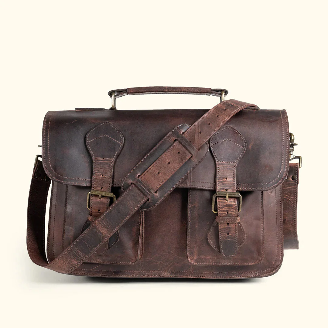 Vintage Brown Leather Briefcase Buffalo Leather with YKK Metal Zippers, Multi-Section handmade briefcase from India