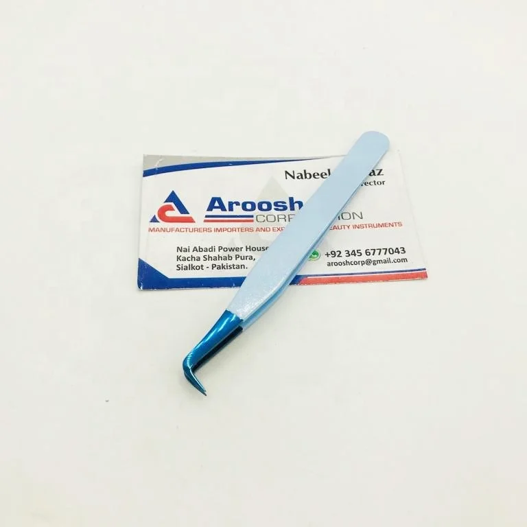 High Quality Customized 90 Degree Baby Blue Tweezers Sustainable Steel with Fiber Tip for Eyelash Extension Wholesale