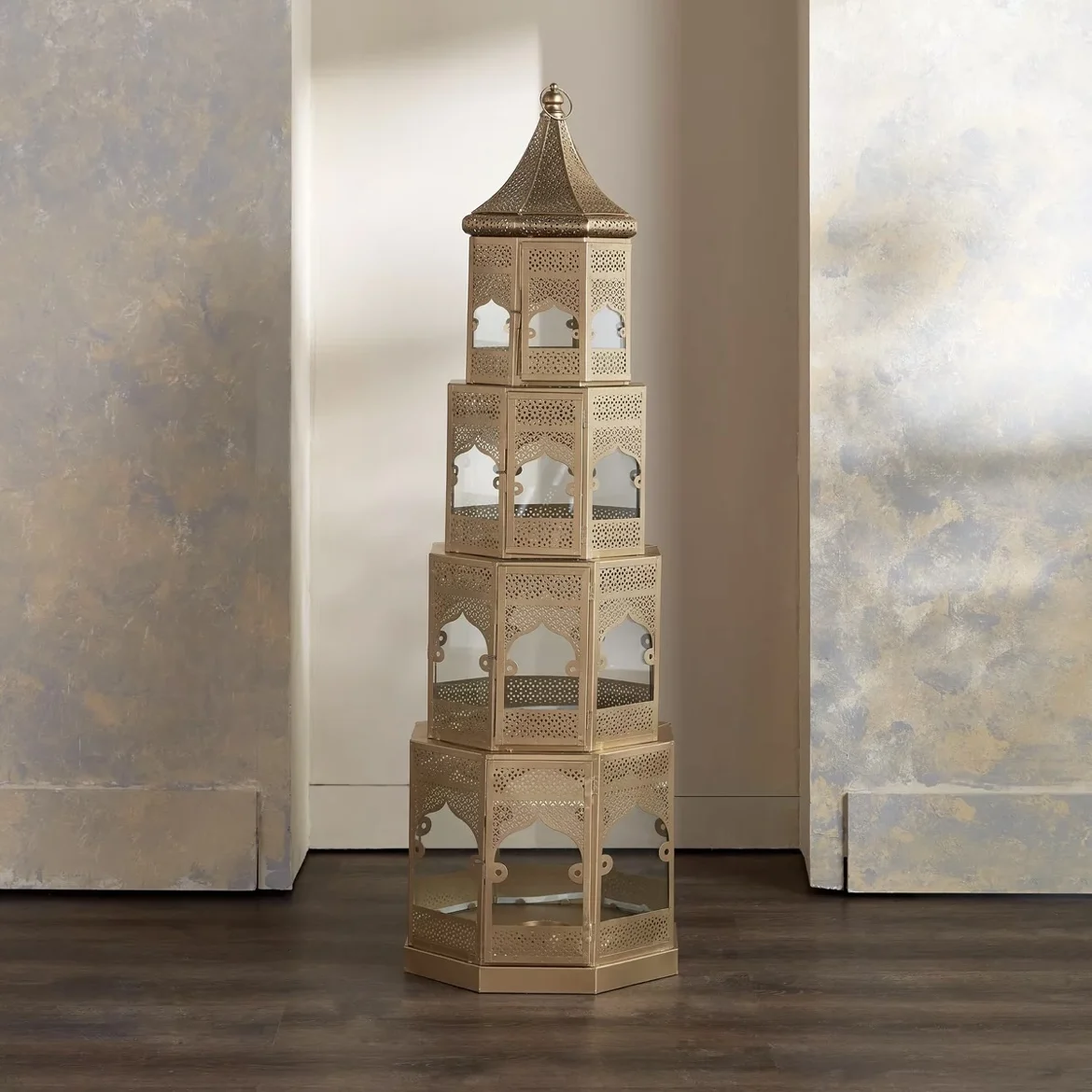 5 Tier Large Metal Cutwork Clear Glass Floor House Candle Holder Lantern Ramadan Decorative Arabian for Weddings and Christmas