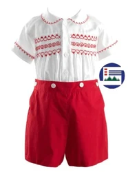 Suite for boy smocked made by hand material silk cotton fabric UK traditional smocked