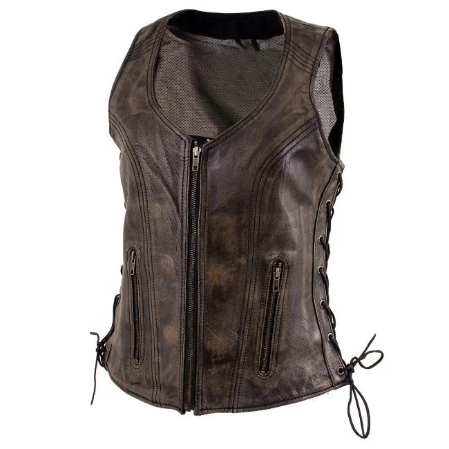 Ladies Motorcycle Soft Leather Vest- Vintage Look Trendy Style Women Biker Vest, Distressed Brown Leather Motorcycle Vest