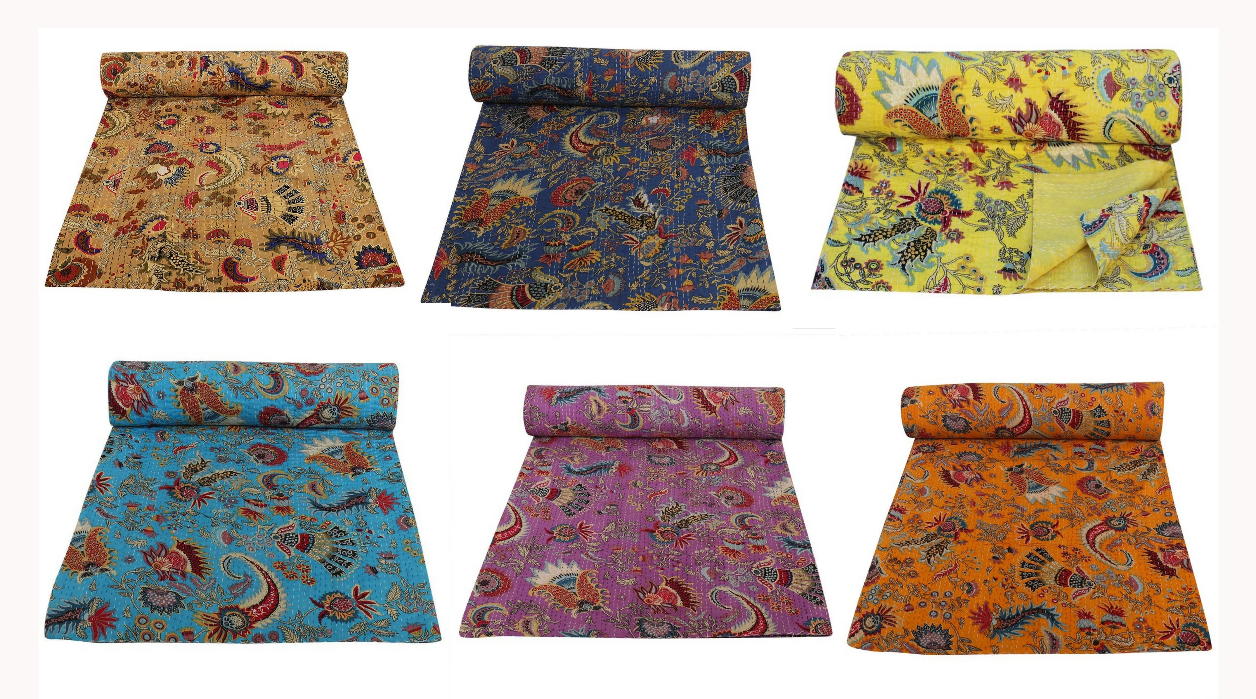 Indian Cotton Kantha Throw Hand Stitched Kantha Blanket Handmade Floral Design Kantha Quilt
