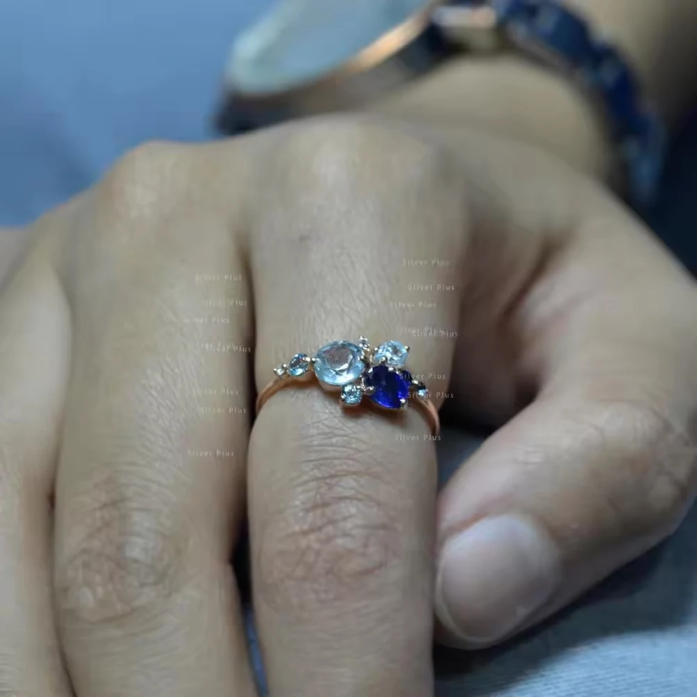 Natural Blue Sapphire Sky Blue Topaz in 14 Karat Gold Designer Band Wholesale Ring