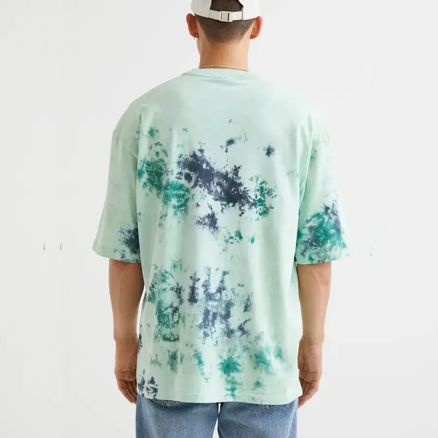 Latest Design Summer Arrival Men Tie And Dye Print Loose Fit Casual Acid Washed Drop Shoulder T Shirt For Sale