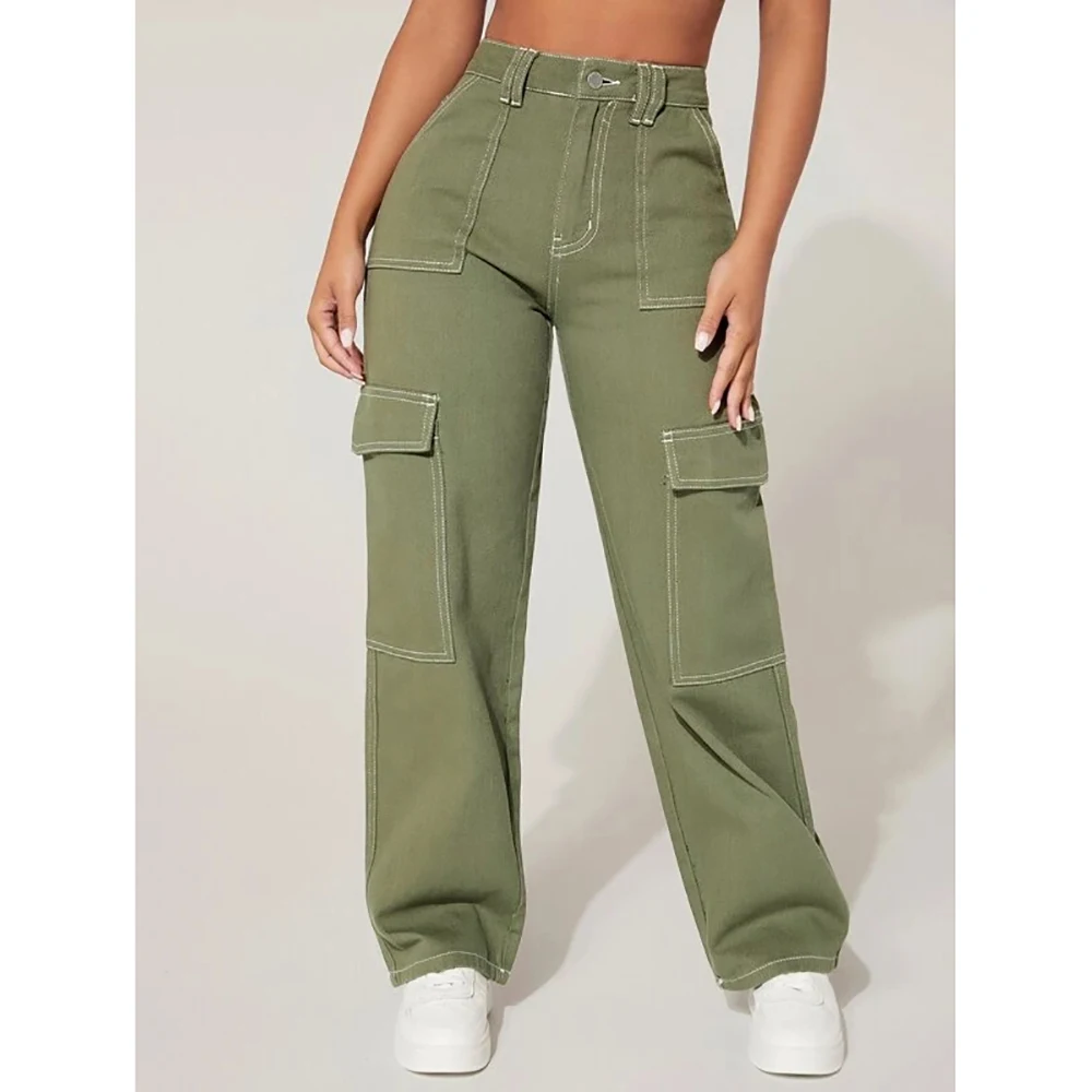 Fashion Women Denim Trouser Loose Cargo Pants Korean Jeans Pockets Patchwork Baggy Jeans