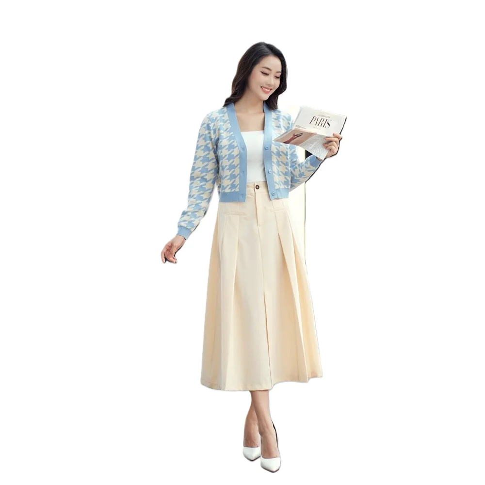 OEM service Button Up Collar Houndstooth pattern Knitted women cardigan For Winter Season From vietnam