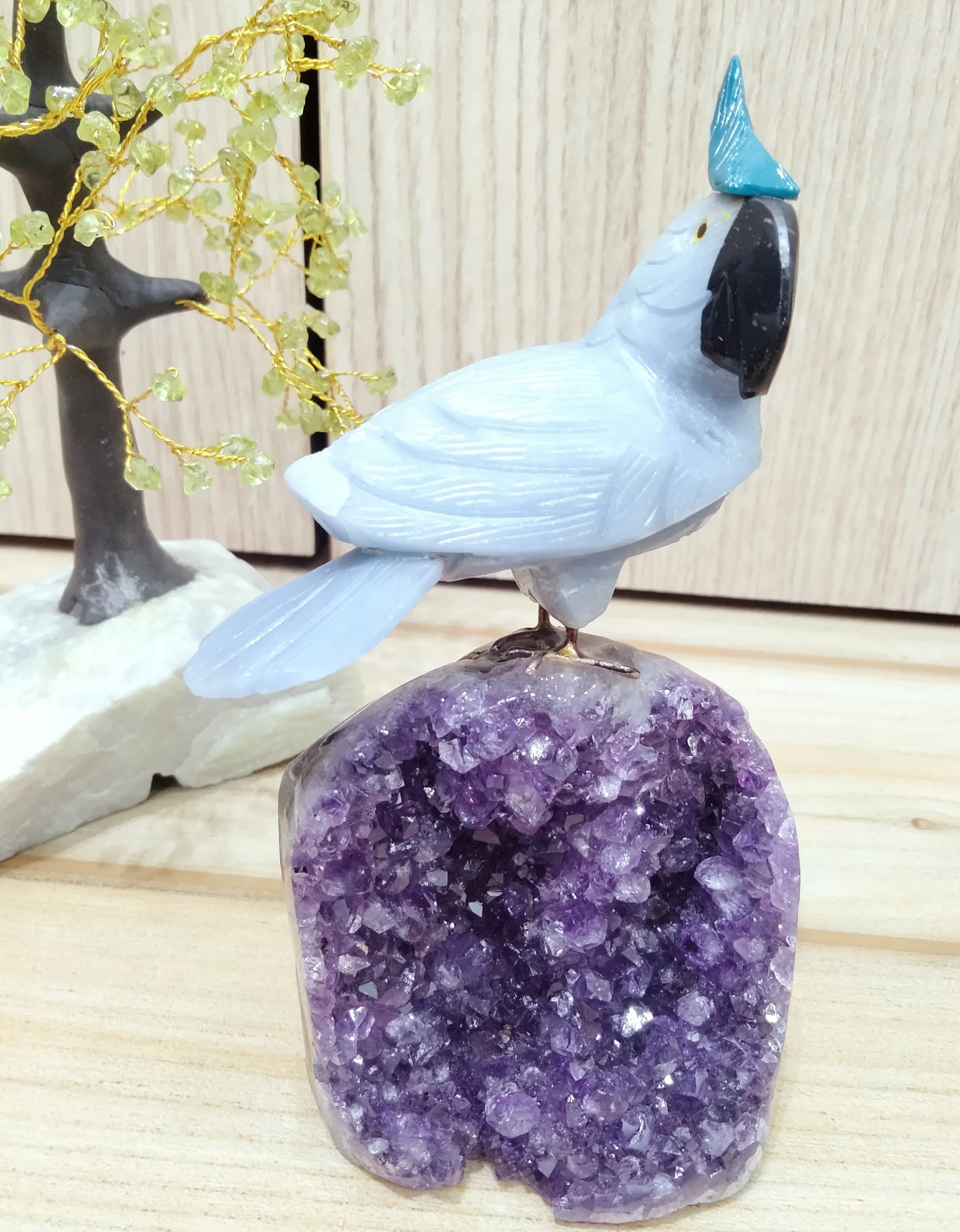 Wholesale Natural Angelite Carved Cockatiel Bird Masterpiece Beautiful Crystal Mascot on Small Amethyst Geode for Decoration