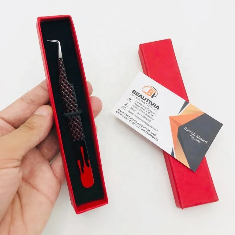 Custom Logo Eyelash Extension Tweezers Black and Red Flame Design Sustainable Steel with 90 Degree Tip Paper Coated for Lashes