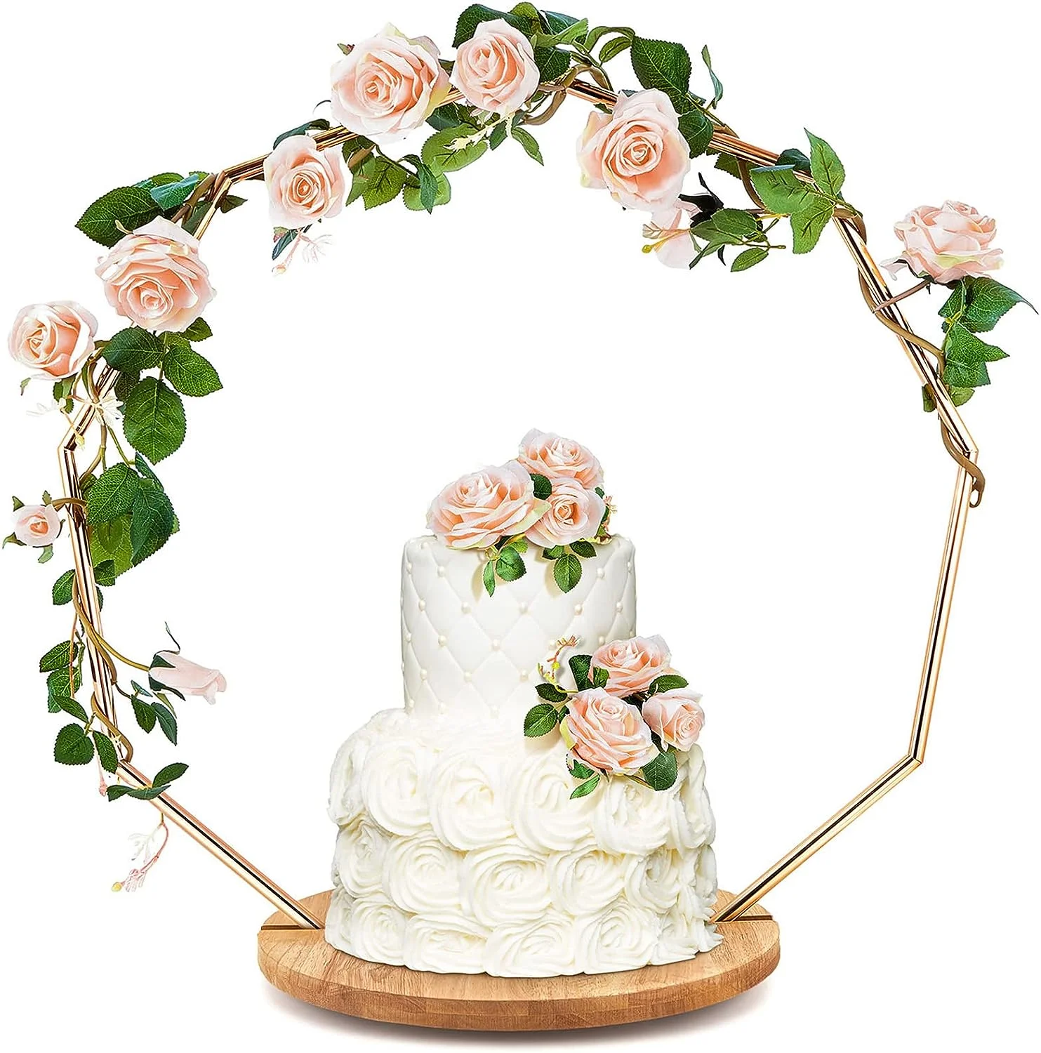 Chunlei OEM Puesto de pasteles Wedding Arch Cake Stand with Artificial Pink Rose Garland Geometric Gold Wedding Cake Stand