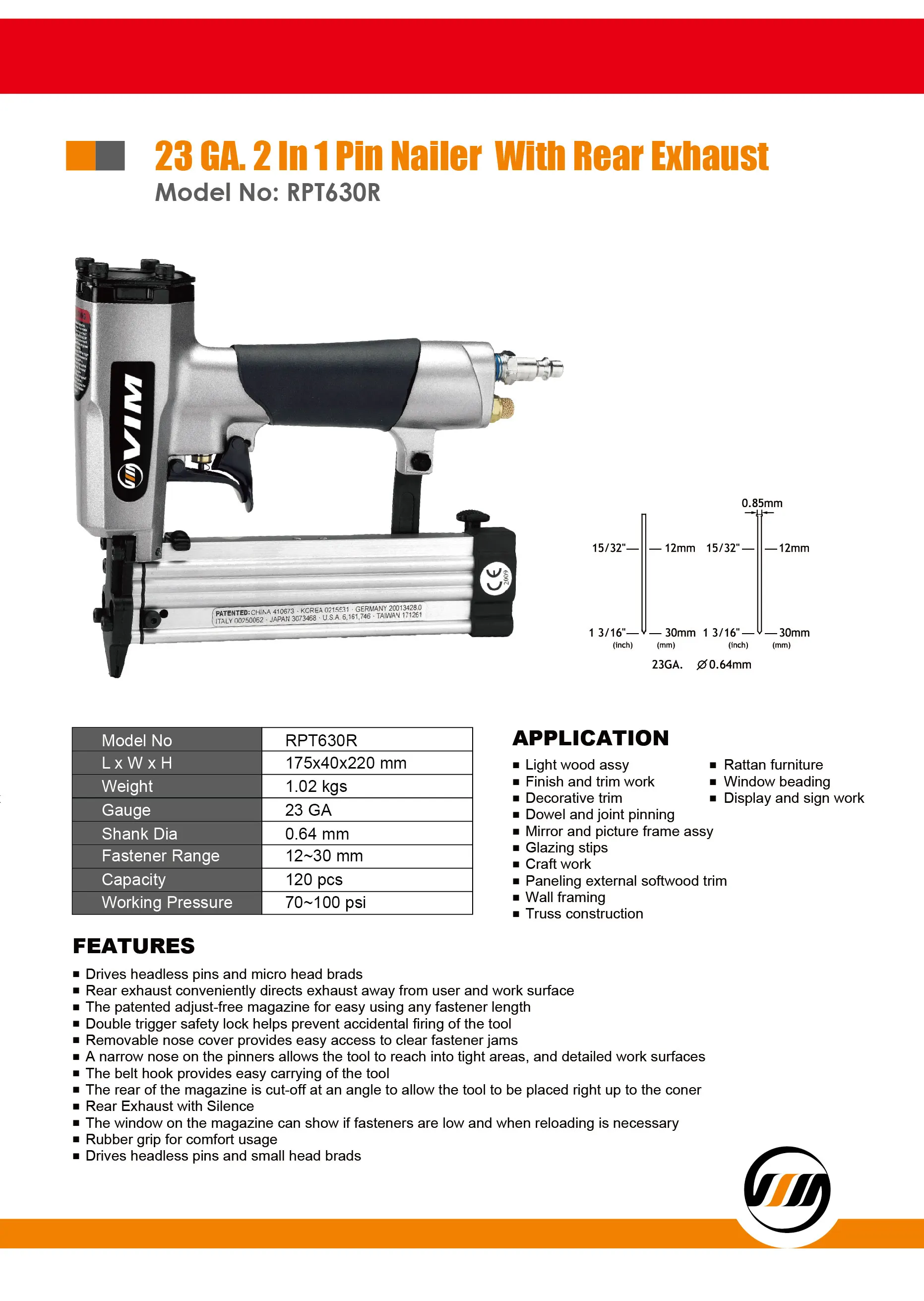 RPT630R Pneumatic Pin Nailer