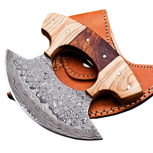 Damascus Handmade Ulu Knife With Rose Wood Handle and Leather Cover for Slicing Chopping Mincing & Skinning