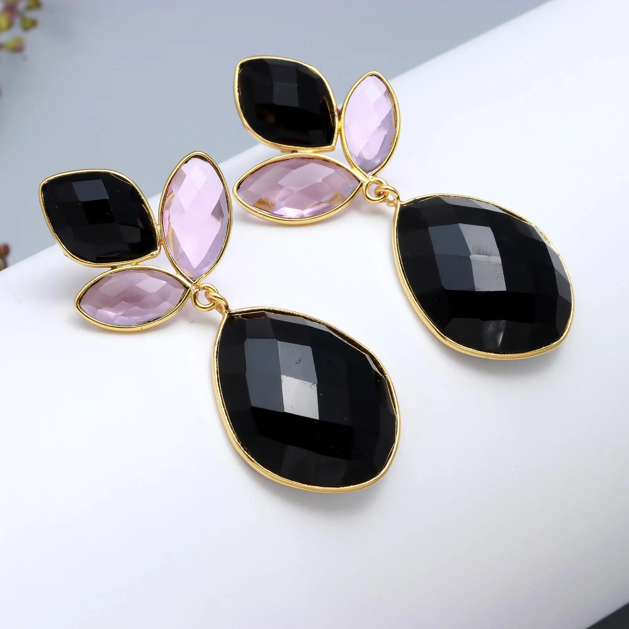 Black Onyx Pink Quartz Cut Gemstone Earring Gold Plated Stud Earrings Handmade Earring Jewelry Party Wear Jewelry Gift For Her