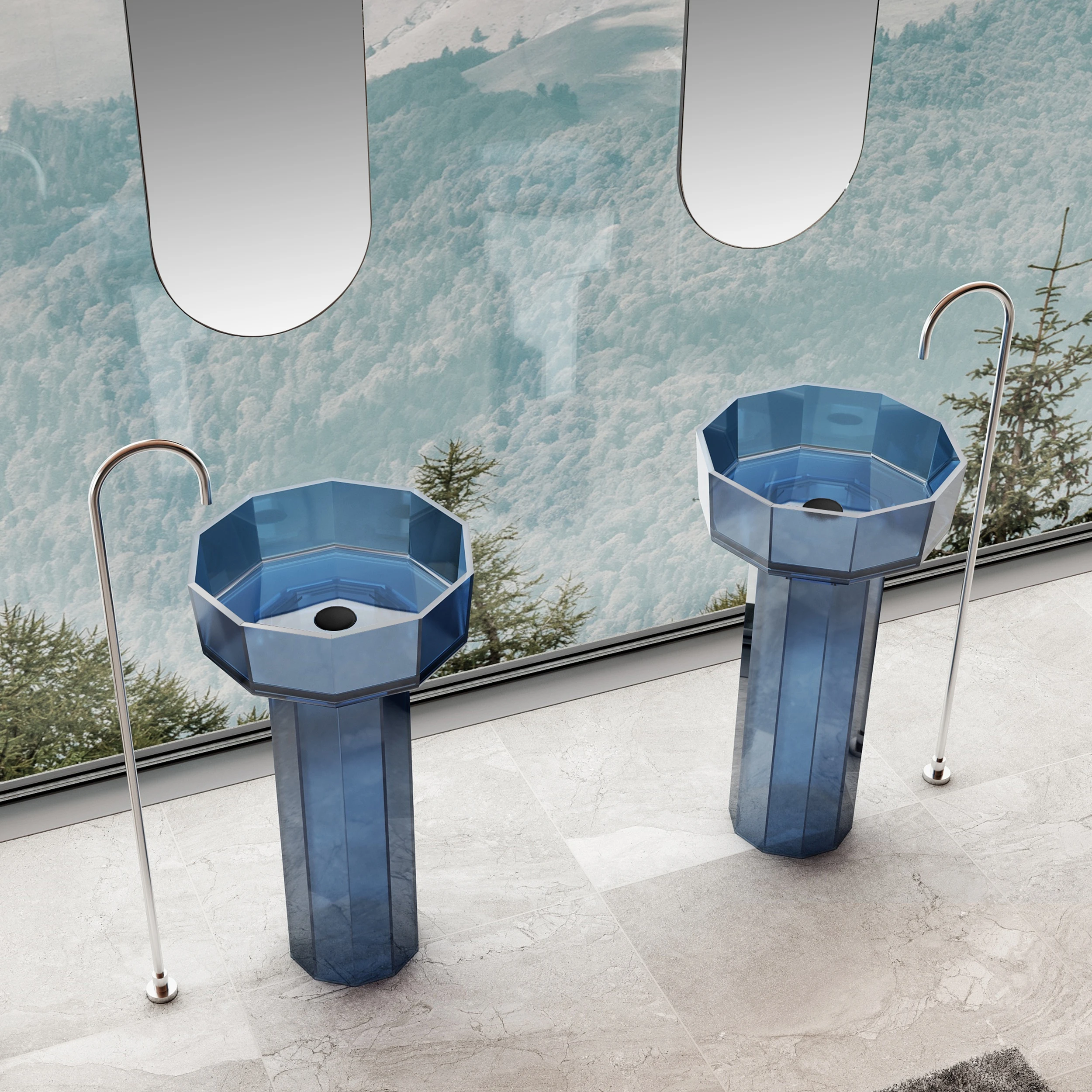 TNS American Freestanding Clear Glass Single-Color Basin Solid Surface Bathroom Vanity with Pedestal Stone Sink for Washing