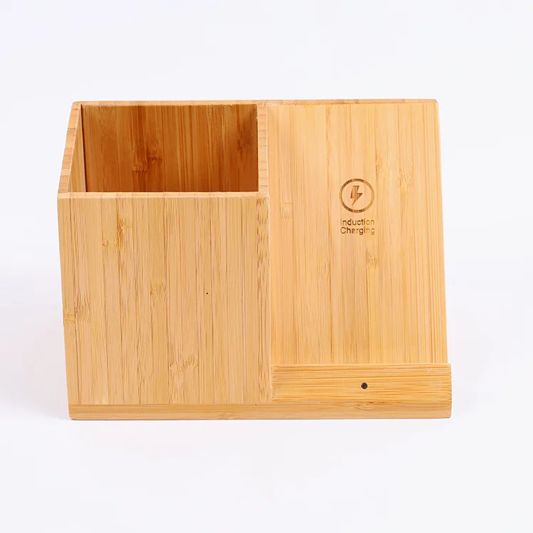 Fast Bamboo Desktop Wireless Charger Stand Station with Pen Holder and Clock