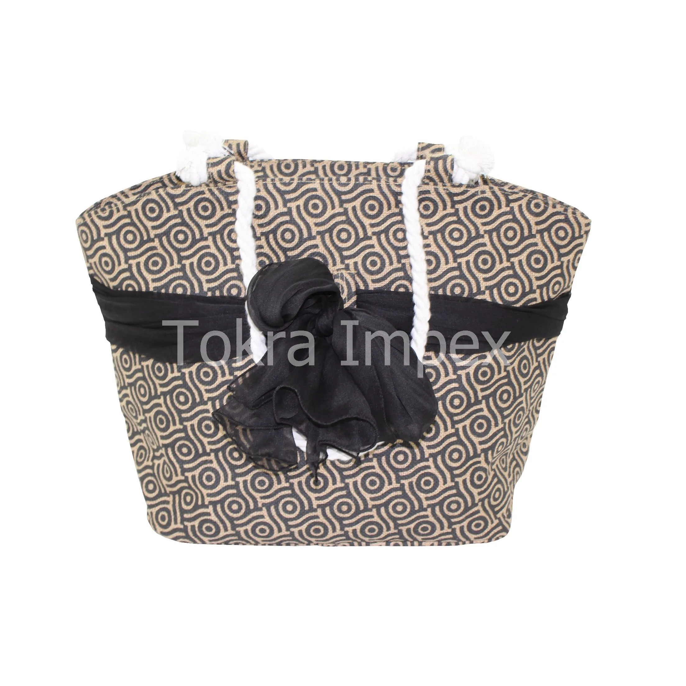 Designer Allover Circle Print Sarong With Twisted Rope Handle PP Laminated Jute Beach Bag for Girls Women