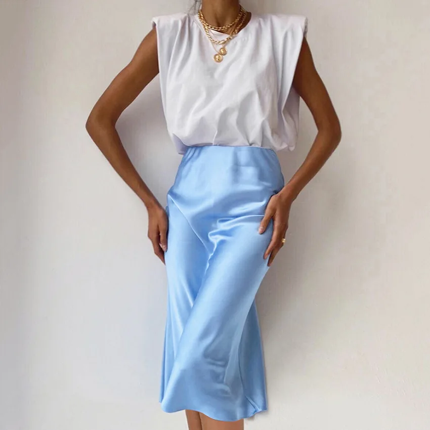Satin Silk Skirts for Women 2022 Summer Korean Fashion Midi A-line Long Skirt High Waist Female Skirts