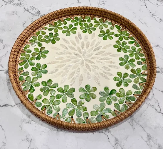 Mother Of Pearl Floral Inlay Serving Tray Round MOP Rattan Tray Sea Shells Capiz Rattan Tray For Serving Food And Drink 2024