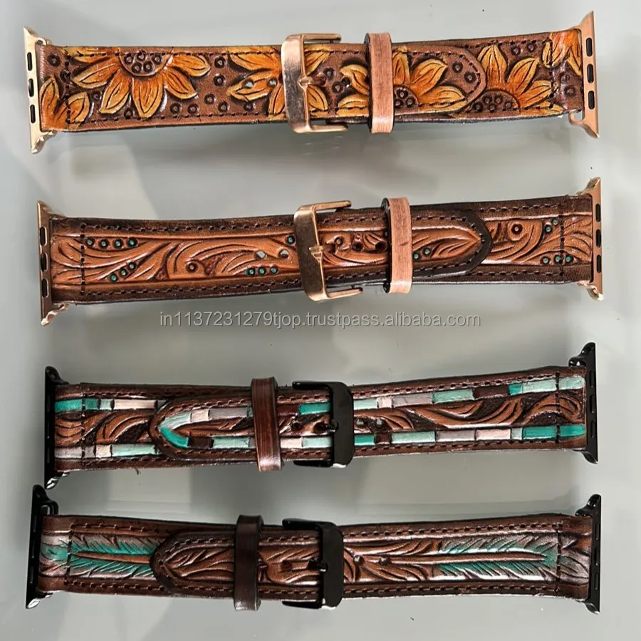 New Amercian Style Handmade Genuine Leather Custom Design Western Cowboy Watch Band Boho Hand Painted Replacement Watch Strap