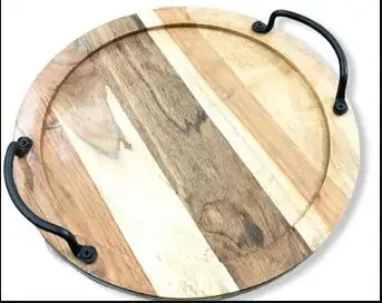 Personalized Acacia Cheese Board wholesale custom wooden Rectangular Rustic Burnt wood tray with metal handle