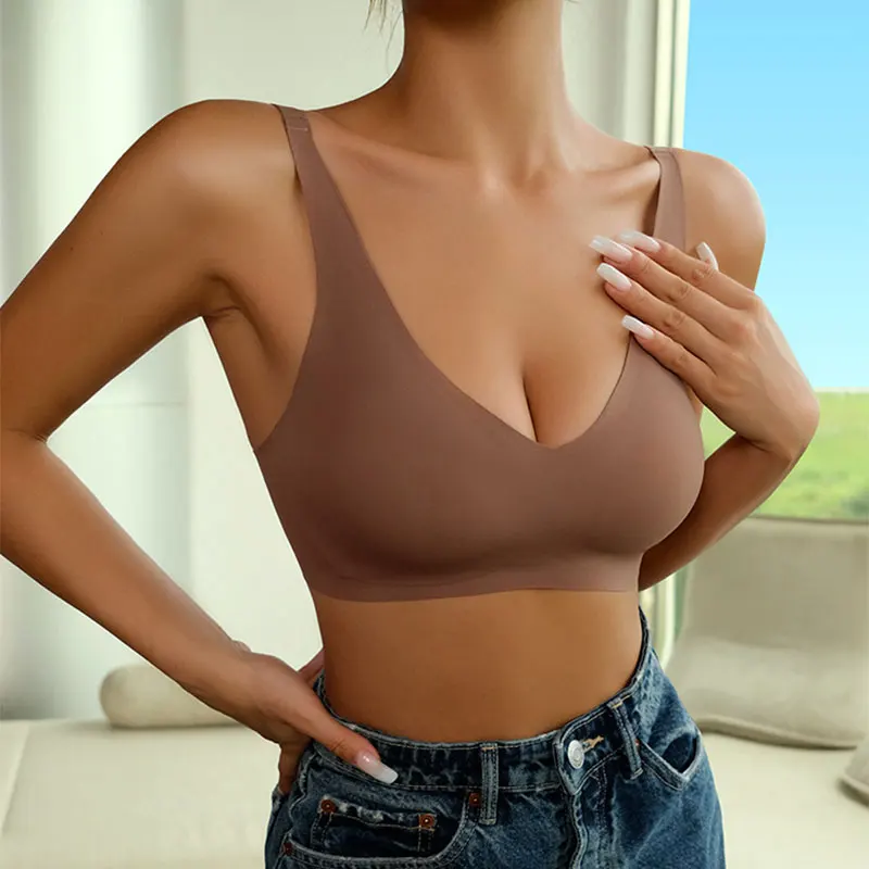 One Piece Plus Size Push Up Removeable Padded Gather V-neck Ladies Wireless Seamless Bra
