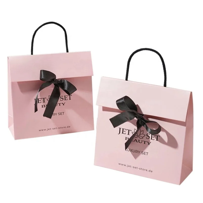 Printed Pink Elegant Brand Logo Luxury Boutique Shopping Paper Bag Custom Logo White Paper Gift Bags With Ribbon Handles