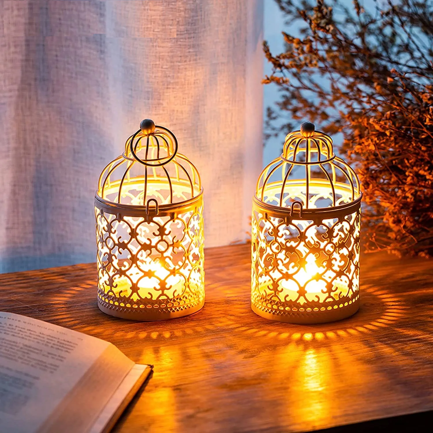Uniquely Designed 2 Pcs Small Metal Tealight Hanging Birdcage Lantern Vintage Decorative Centerpieces of Wedding Party Gold