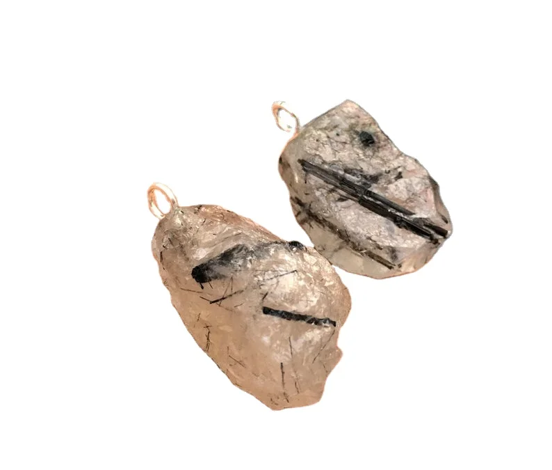 2 Pieces Genuine Quality Natural Black Rutile Untreated Rough Gemstone 92.5 Sterling Silver Charm Pendant Wholesale