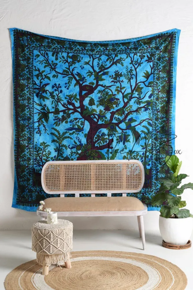 Indian Blue Tree Of Life Tapestry Twin Queen Tapestry Handmade Bedspread Mandala Design Carpet Cotton Home Decor