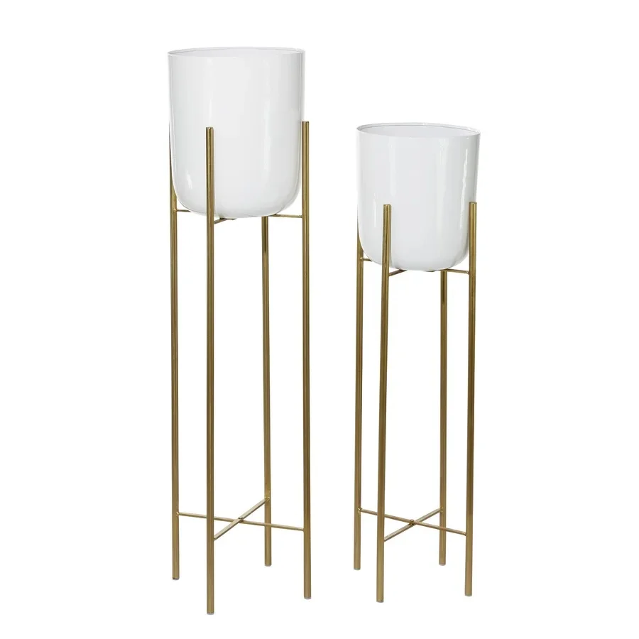 Modern Gold Metal Flower Pot with White Stand Long Planter For Floor Table Decor Classic Plant Holder Display Made In India