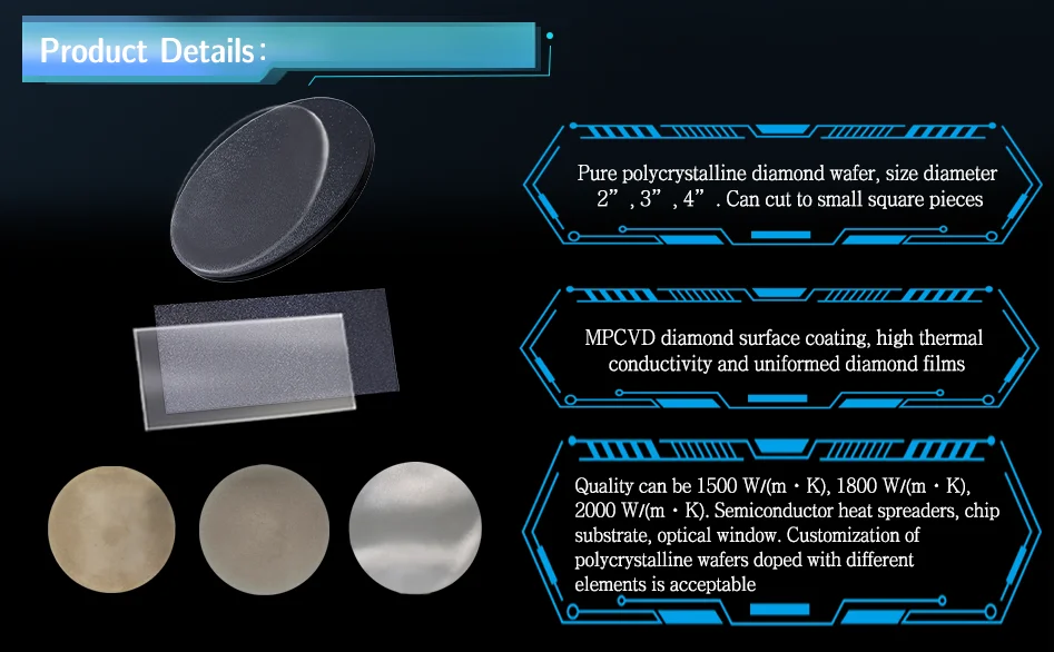 4Inch Cvd Polycrystalline Diamond Wafer Poly Crystal Cvd Diamond Plate Output Window Space 1800W