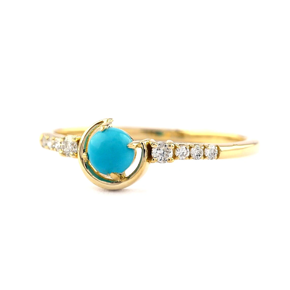 Genuine Sleeping Beauty Turquoise Half Eternity Band Ring 14K Gold Cabochon Turquoise Diamond December Birthstone Ring For Her